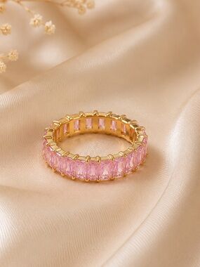Pink Crystal Eternity Band Ring Gold Stackable Statement Jewelry